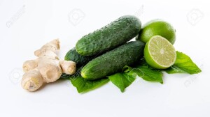 Cucumbers lime ginger and green leaves Products for healthy eating